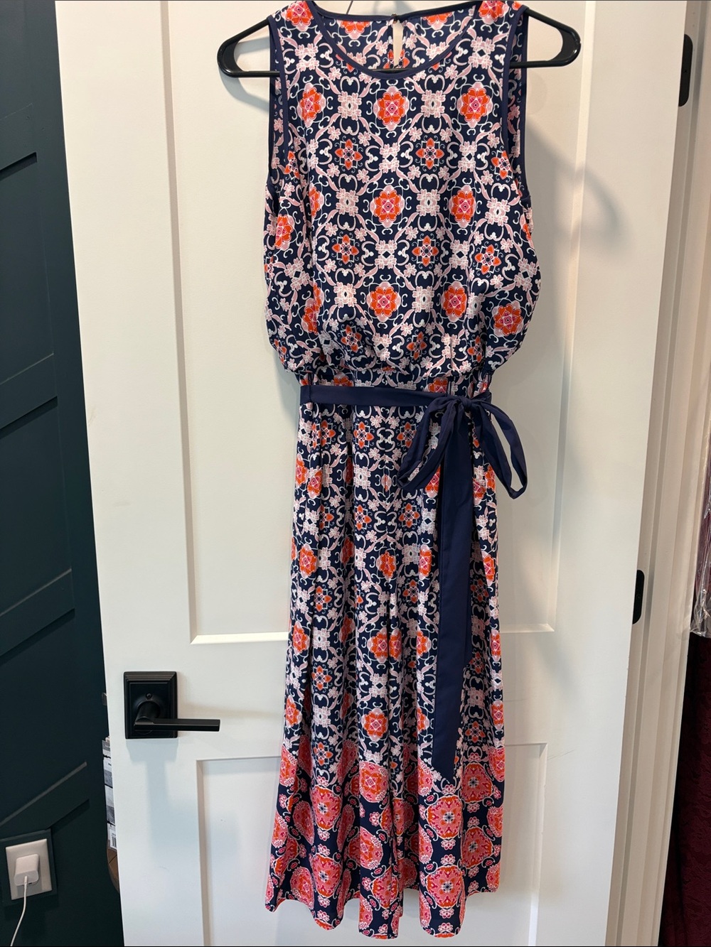 Vince Camuto Navy Floral Midi Dress with Coral and White Pattern